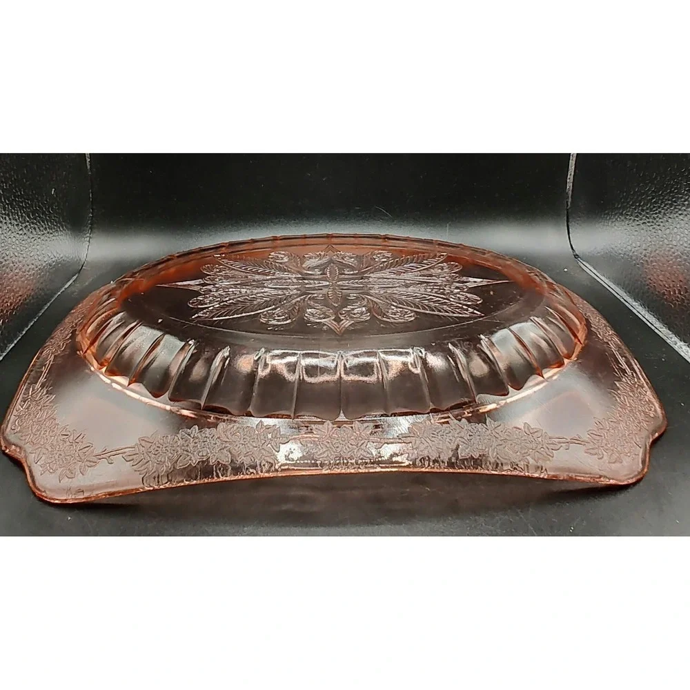 Vintage Jeanette Pink Depression Glass Curved Platter Adam Pattern 11.75